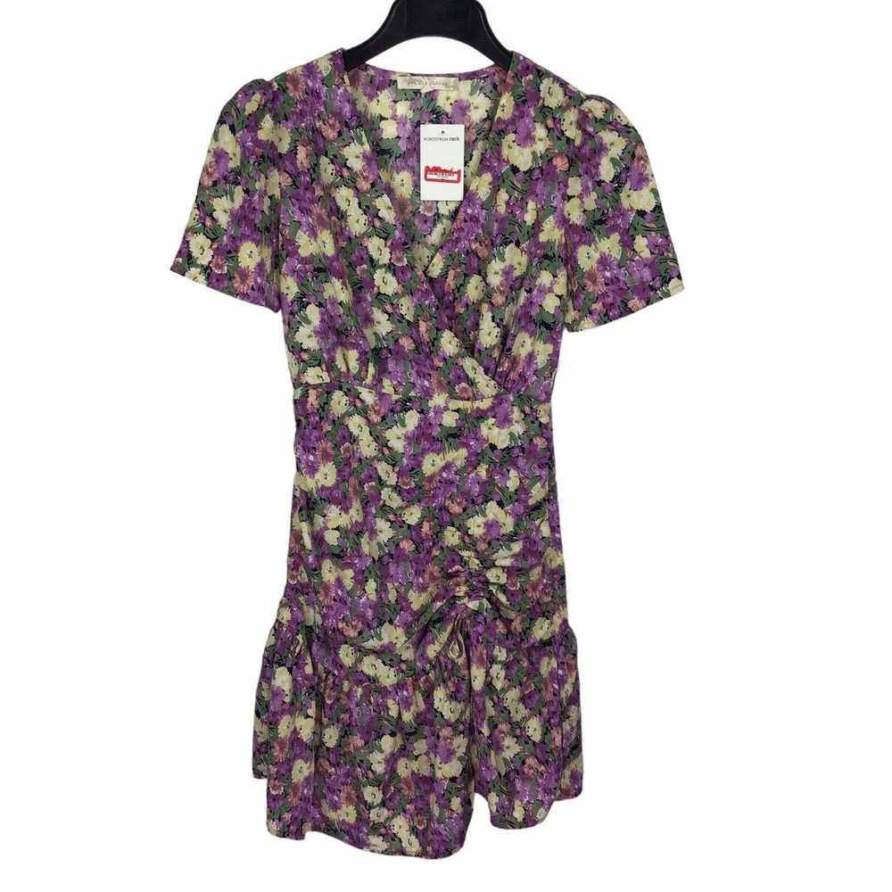 See the Shades Colorful Floral Flowy Summer Dress Ruched Front Faux Wrap Size XS